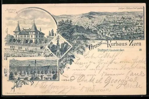 Lithographie Stuttgart, Kurhaus und Restaurant Zorn, Residenz-Schloss, Stuttgart vom Kurhaus aus gesehen