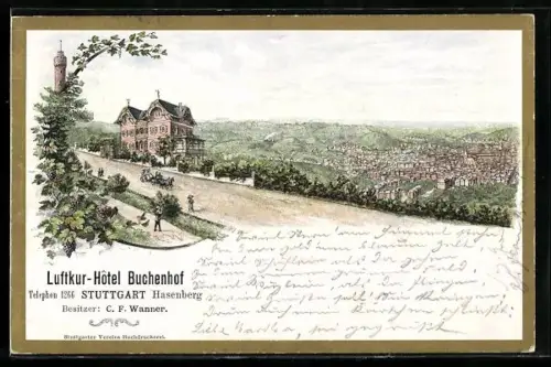 AK Stuttgart, Luftkur-Hotel Buchenhof, Besitzer C. F. Wanner, Fernblick auf Stuttgart