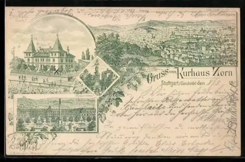 Lithographie Stuttgart, Kurhaus und Restaurant Zorn, Residenz-Schloss, Stuttgart vom Kurhaus Zorn aus gesehen