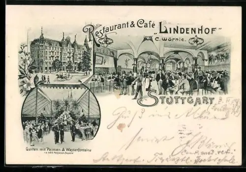AK Stuttgart, Restaraunt und Café Lindenhof, C. Wörnle, Garten mit Palmen und Wasserfontaine