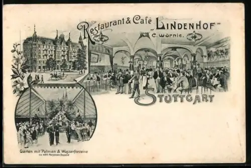 AK Stuttgart, Restaraunt und Café Lindenhof, C. Wörnle, Garten mit Palmen und Wasserfontaine