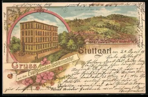 Lithographie Stuttgart, Evangelisches Töchterinstitut, Aussicht auf den Bopser