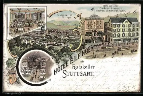 Lithographie Stuttgart, Hotel Bilfinger, Friedrichs-Strasse 21, Billardsaal, Ratskeller