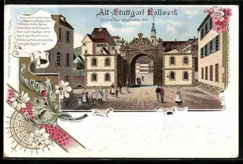 Lithographie Stuttgart, Rollwerk in Alt-Stuttgart, Büchsenthor abgebrochen 1856