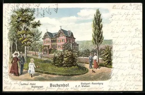 Lithographie Stuttgart-Hasenberg, Hotel-Restaurant Buchenhof von C. F. Wanner