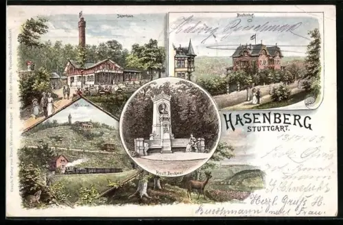 Lithographie Stuttgart, Gasthof Jägerhaus auf dem Hasenberg, Buchenhof, Waldhaus