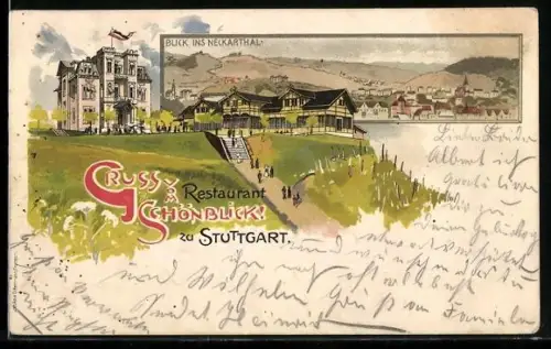 Lithographie Stuttgart, Restaurant Schönblick mit Blick ins Neckarthal