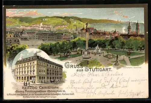 AK Stuttgart, Ev. Vereinsgasthaus Herzog Christoph, Christopghstr. 11, Herzog Christoph-Denkmal