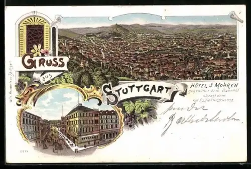 Lithographie Stuttgart, Bahnhofhotel zu den drei Mohren, Oscar Heiler, Totalansicht der Stadt