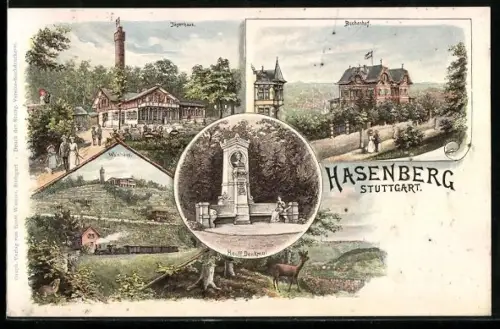Lithographie Stuttgart, Gasthof Jägerhaus auf dem Hasenberg, Buchenhof, Waldhaus
