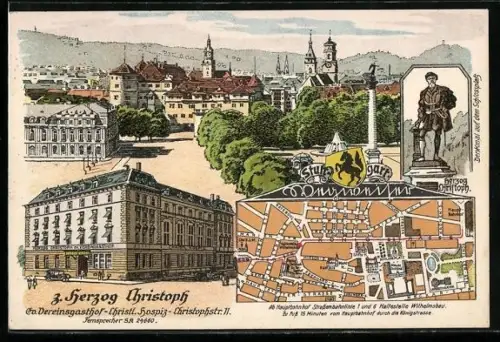 Lithographie Stuttgart, Gasthof Herzog Christoph ev. Verein, Christophstrasse 11, Karte mit Anfahrtsweg
