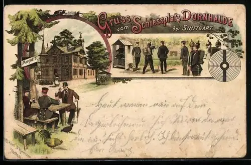 Lithographie Dornhalde, Schiessplatz mit Soldaten, Gasthaus J. Marquardt mit Gästen
