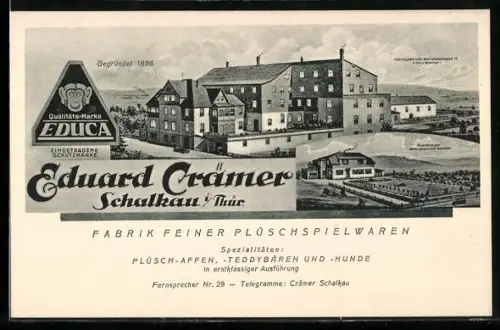 AK Schalkau i. Thür., Fabrik feiner Plüschspielwaren Eduard Crämer von 1896, Plüsch-Affen und Teddybären