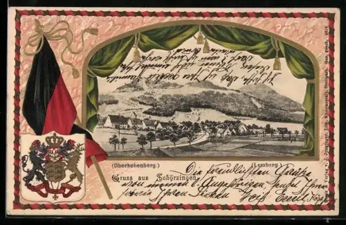 Passepartout-Lithographie Schörzingen, Gesamtansicht des Ortes mit Oberhohenberg u. Lemberg, Wappen, Fahne