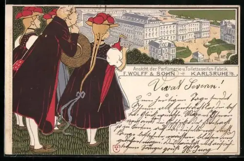 AK Karlsruhe i. B., Ansicht der Parfümerie- u. Toilettenseifen-Fabrik F. Wolff & Sohn, Mann und Frau in Tracht