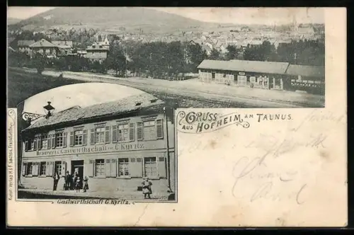 AK Hofheim am Taunus, Brauerei und Gasthaus von C. Kyritz, Ortsansicht mit Bahnhof