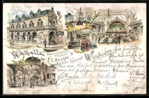 Lithographie Wiesbaden, Gasthaus Walhalla, Foyer und Grand Restaurant
