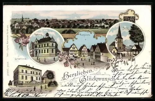 Lithographie Brettach, Marktplatz, Kirche mit Linde, Rathaus, Schulhaus