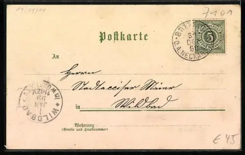 Lithographie Brettach, Marktplatz, Kirche mit Linde, Rathaus, Schulhaus