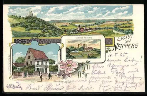 Lithographie Neipperg, Gasthaus zur Krone, Blick auf Schloss Neipperg