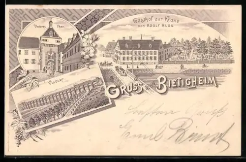Lithographie Bietigheim, Gasthof zur Krone v. Adolf Huss, Unteres Tor, Viadukt