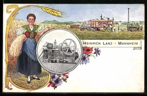 AK Mannheim, Landwirtschaftliche Maschinen von Heinrich Lanz, Frau mit Getreidegarbe
