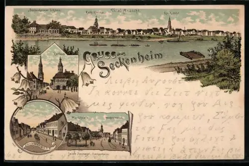 Lithographie Seckenheim, Rathaus, Marktplatz, Hauptstrasse, Totalansicht mit Kath. und Evagel. Kirche