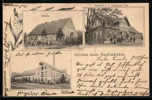 AK Sudweyhe, Gasthof von C. Dörgeloh Ww., Schule, Fabrik