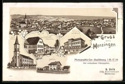 Lithographie Menzingen, Strasse mit Specereigeschäft v. Eschelbacher, Schulhaus, Kirche m. Denkmal, Bahnhof, Ortsansicht