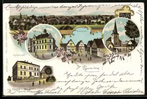 Lithographie Brettach, Rathaus, Marktplatz, Schulhaus, Kirche mit Linde