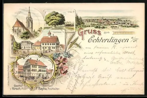 Lithographie Echterdingen a. F., Gasthof zum Hirsch, Besitzer F. Bayha, Posthalter, Rathaus, Kirche, Lindenbaum