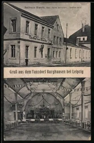 AK Burghausen bei Leipzig, Ballhaus Bienitz, Bes. Herm. Bernstein, Ballsaal