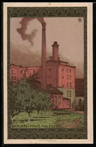 Künstler-AK Holzheim, Brauerei Mauz mit rauchendem Schornstein