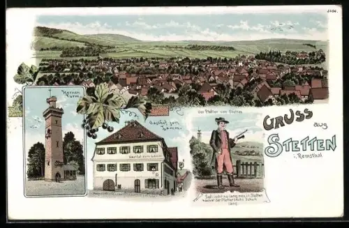 Künstler-AK Stetten i. Remsthal, Gasthof zum Lamm, Kernen-Turm, Der Pfeffer von Stetten