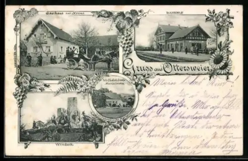 AK Ottersweier, Gasthaus zur Krone, Bahnhof, Windeck und Wallfahrtskirche Marialinden