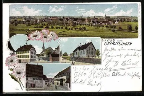 Lithographie Oberjesingen, Strassenpartie mit Blick auf die Kirche, Ortsansicht mit umliegenden Feldern