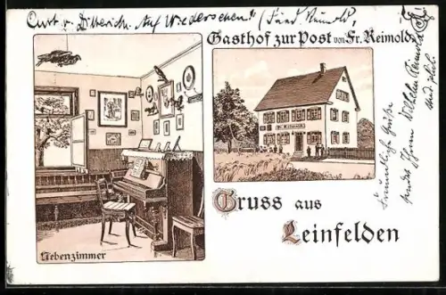 AK Leinfelden, Gasthof zur Post von Fr. Reimold, Aussenansicht und Nebenzimmer