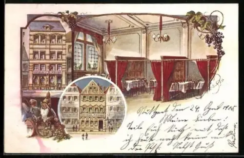 AK Stuttgart, Restaurant von H. Künlen, Aussen- u. Innenansicht, Zwerg auf Weinfass