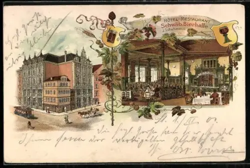 Lithographie Stuttgart, Hotel-Restaurant Schwäb. Bierhalle v. J. Schellmann, Strassenbahn