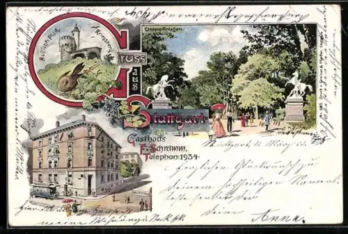 AK Stuttgart, Gasthaus F. Schramm, Aussichtsplatte Kriegsberg, Untere Anlagen, Strassenbahn