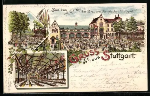 Lithographie Stuttgart, Gasthaus, Saalbau und Garten der Brauerei Dinkelacker