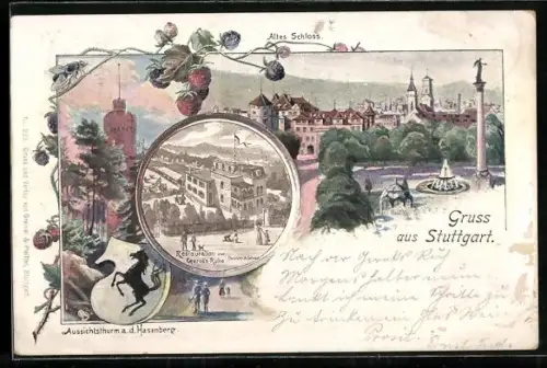 Lithographie Stuttgart, Restauration zur Geroks-Ruhe, Altes Schloss, Himbeer-Verzierung