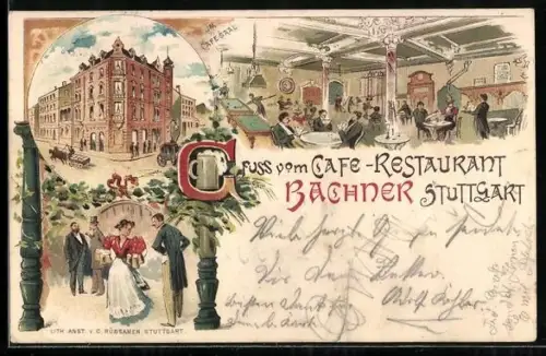 AK Stuttgart, Cafe-Restaurant Bachner, Aussen- u. Innenansicht, Kellnerin mit Biergläsern