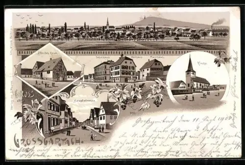 Lithographie Grossgartach, Platz mit Schulhaus, Rathaus & Pfarrhaus, Ältestes Haus