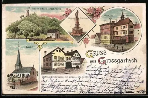 Lithographie Grossgartach, Gasthaus zum Löwen von Otto Reiter, Lorenz-Brunnen, Aussichtsturm Heuchelberg, Schulhaus