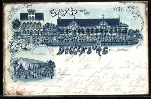 Lithographie Stuttgart, Restaurant Doggenburg, Wirtschaftszelt, Aussenansicht