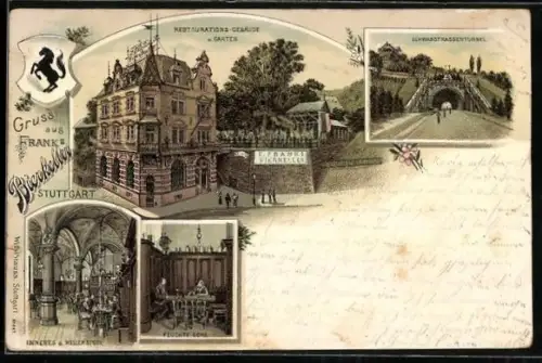 Lithographie Stuttgart, Restaurant und Garten von E. Frank, Innenansicht der Kellerstube, Feuchte Ecke