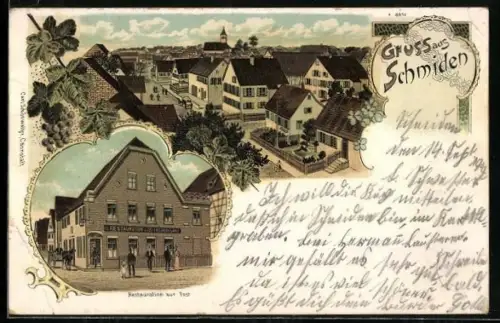 Lithographie Schmiden, Restaurant zur Post, Ortsansicht mit Kirche