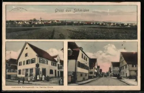 AK Schmiden, Panorama, Gemischtes Warengeschäft v. Caroline Bürkle & Strassenpartie