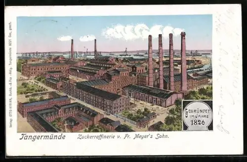 Goldfenster-AK Tangermünde, Zuckerraffinerie von Fr. Meyer`s Sohn mit leuchtenden Fenstern